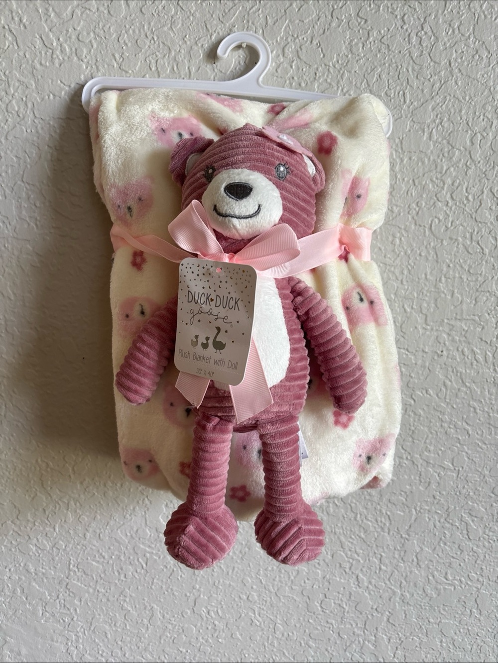 Duck Duck Baby Plush Bear Blanket Set - Pink & Cream